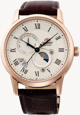 Orient Relógio mecânico com sol e lua (42,5 mm), mostrador marfim / pulseira de couro marrom. RA-AK0007S30B