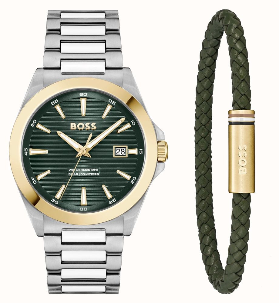 BOSS Strike A Watch Bracelet Gift Set 41mm Green Dial Stainless Steel 1570179 First Class Watches IRL