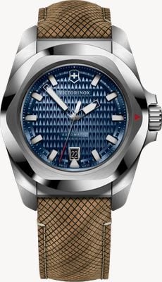 Victorinox I.n.o.x. automatisch (41mm) blauwe guilloché wijzerplaat / hybride houten band + blauwe rubberen band 242018.1
