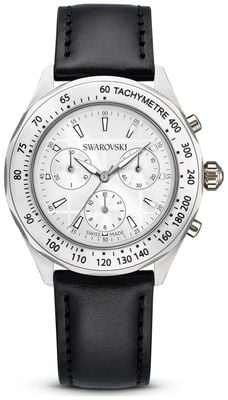 Swarovski Dextera tachymeter (39 mm) zilverkleurige wijzerplaat met zonnestraalmotief / zwarte leren band 5728378