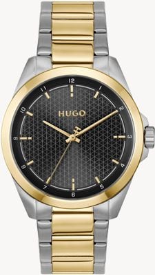 HUGO Montre à quartz trois aiguilles Seam (42,5 mm), cadran noir, bracelet bicolore en acier inoxydable 1530452
