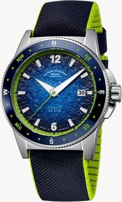 Mühle Glashütte Datownik kompasu Sportivo (42,5 mm), niebieska, wytłoczona tarcza / niebieski skórzano-gumowy pasek M1-52-22-LK