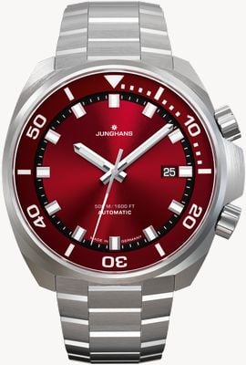 Junghans アクアリス オートマチック (46.9mm) レッドサンバースト文字盤 / ステンレススチールブレスレット + ブラックラバーストラップ 27/4661.44