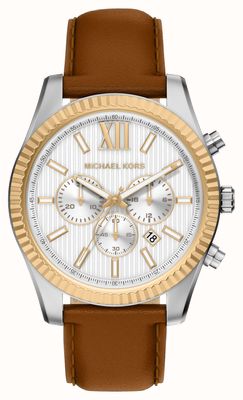 Michael Kors Lexington Chronograph (45 mm), silbernes Zifferblatt / braunes Lederarmband MK9257