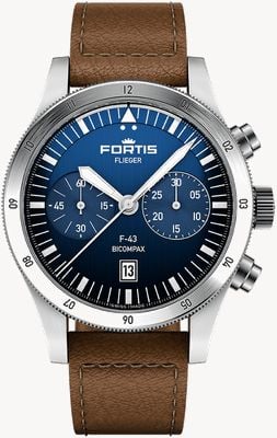 FORTIS Flieger F-43 Bicompax Liberty Blue (43 mm), Fliegerarmband aus teakbraunem Leder F4240013