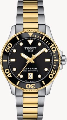 Tissot Seastar 1000 (36mm) cadran noir / montre à bracelet en acier inoxydable bicolore T1202102205100