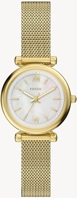 Fossil Reloj Carlie de cuarzo de tres manecillas (28 mm), esfera de nácar / pulsera de malla de acero inoxidable con PVD dorado ES5462