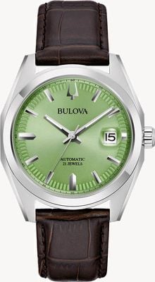 Bulova Herren-Surveyer-Armbanduhr (39 mm) mit grünem Zifferblatt und braunem Lederarmband 96B427
