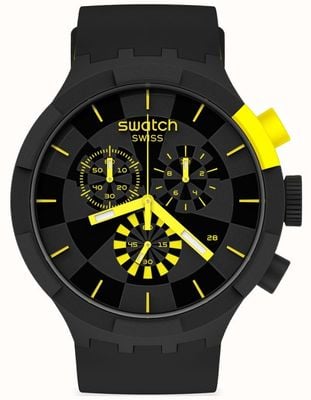 Swatch Controlepost geel | grote stoere chrono | zwart/gele siliconen band | zwarte wijzerplaat SB02B403