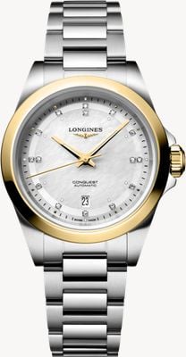 LONGINES Conquest系列钻石自动腕表，18K金（30毫米），白色珍珠贝母表盘/不锈钢表带 L33205806