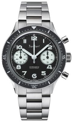 Hanhart 415 es reverse panda (39mm) zwarte wijzerplaat / roestvrijstalen band H703.211-6428