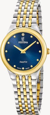 Festina Schweizer Quarzwerk (29 mm), blaues Zifferblatt mit Sonnenschliff / zweifarbiges Edelstahlarmband F20097/3