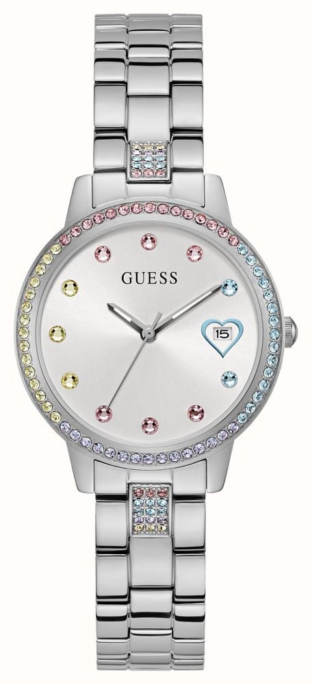 Guess Women s Three Of Hearts 34mm Rainbow Crystal Silver Dial Stainless Steel GW0657L1 First Class Watches CAN