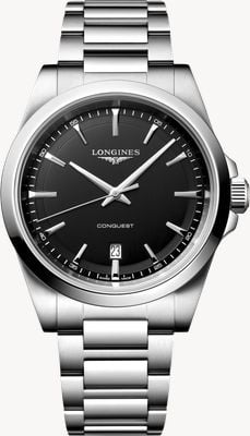 LONGINES Conquest Quarz (41 mm), schwarzes sandgestrahltes Zifferblatt / Edelstahlarmband L38604526