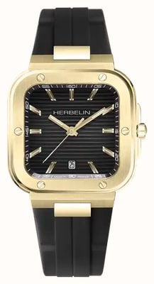 Herbelin Reloj de cuarzo cuadrado Cap Camarat (39 mm), esfera negra y correa de caucho FKM negra. 12246P1N14CA