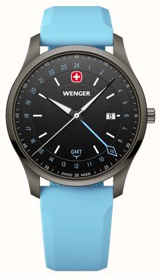 Wenger City GMT Quarz (42 mm), gebürstetes schwarzes Zifferblatt / hellblaues Silikonarmband 01.1442.103