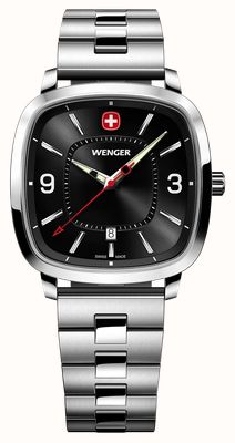 Wenger Vintage Sport Quarz (37 mm) schwarzes Zifferblatt mit Sonnenschliff / Edelstahlarmband 01.1921.108