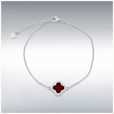 Sterling Silver Rhodium Plated Red Clover White CZ Adjustable Bracelet 8.23.8122