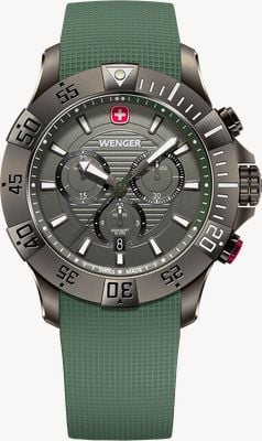 Wenger Seaforce quartz chronograaf (43 mm) met antracietkleurige wijzerplaat en groene siliconen band. 01.0643.127