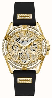 Guess Women's Gold Crystal Dial Black Silicone Strap GW0536L3