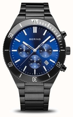 Bering Quadrante cronografo blu classico (43 mm) da uomo/bracciale in acciaio inossidabile nero 15043-727