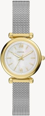 Fossil Carlie com três ponteiros, movimento de quartzo (28 mm), mostrador em madrepérola e pulseira de malha de aço inoxidável. ES5463