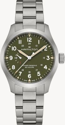 Hamilton Relógio mecânico Khaki Field com reserva de marcha (40mm) mostrador verde / pulseira de aço inoxidável H69509160