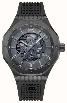 GLOCK Precision Relógio esqueleto automático (45 mm) com mostrador preto e pulseira de malha de aço inoxidável com revestimento PVD preto. GW-21-2-24