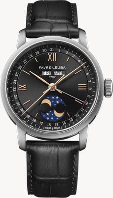 Favre Leuba 1737 Triple Calendar Moonphase Automatic (39mm) Black Sunray-Brushed Dial / Black Leather Strap 00.20501.108.01.101