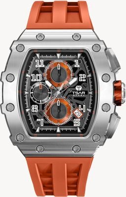 TSAR BOMBA Elemental Serie Quarzkalender (43,5 mm) schwarzes Zifferblatt / oranges Silikonarmband TB8204Q-11