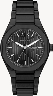 Armani Exchange Relógio de quartzo com três ponteiros, indicação de dia e data (42 mm), mostrador preto texturizado / pulseira em aço inoxidável com revestimento PVD preto. AX4301