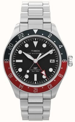 Timex Montre Waterbury Heritage automatique GMT (41,5 mm) cadran noir / bracelet en acier inoxydable TW2Y60600