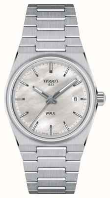 Tissot Prx quartz (35 mm) witte parelmoeren wijzerplaat / roestvrijstalen armband T1372101111100