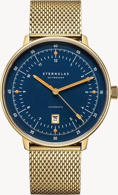 STERNGLAS Reloj automático Hamburg (42 mm), esfera azul y pulsera milanesa de PVD dorado. S02-HHM07-MI05