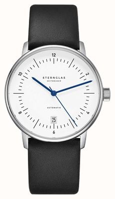 STERNGLAS Naos automático (38 mm), esfera blanca / correa de piel negra de primera calidad S02-NA44-PR07