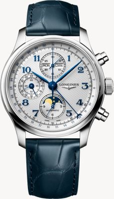 LONGINES Master Collection cronógrafo com fase lunar (41 mm) mostrador prateado "barleycorn" / bracelete em couro azul L29624732
