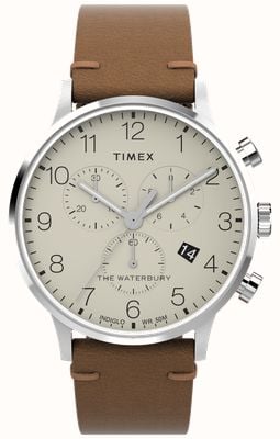 Timex Klasyczny chronograf Waterbury (40 mm) z kremową tarczą i brązowym skórzanym paskiem TW2W50900