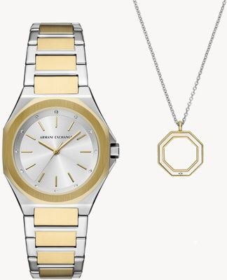 Armani Exchange Damen-Geschenkset (34 mm) silbernes Zifferblatt / zweifarbiges Edelstahlarmband mit passender Halskette AX7161SET