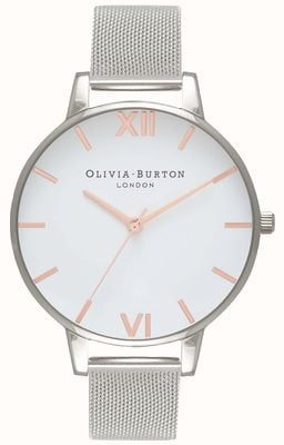Olivia Burton | damskie | biała tarcza | srebrna bransoletka z siatki | OB16BD97