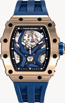 TSAR BOMBA Elemental-Serie Automatik (43,5 mm) blaues Skelett-Zifferblatt / blaues Silikonarmband TB8206A-03