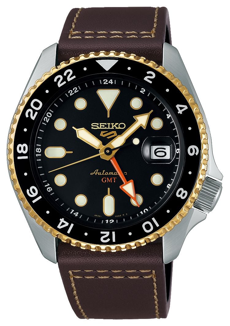 Seiko 5 sports skx gmt cadran noir moka / bracelet en cuir montre