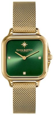 Olivia Burton Grosvenor Classic (28 mm), grünes Zifferblatt mit Sonnenschliff / goldfarbenes PVD-beschichtetes Edelstahl-Mesh-Armband 24000087