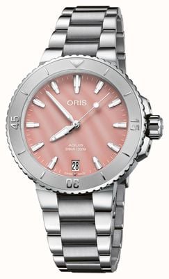ORIS Aquis datum automatisch (36,5 mm) roze parelmoeren wijzerplaat / roestvrijstalen armband 01 733 7770 4158-07 8 18 05P