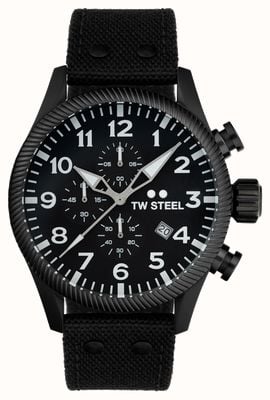 TW Steel Volante heren | zwarte chronograaf wijzerplaat | zwarte leren en canvas band VS113