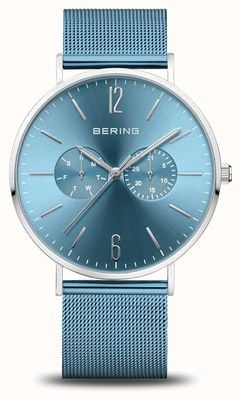 Bering Mostrador sunray azul prateado polido clássico (40 mm) / malha de aço inoxidável azul 14240-809