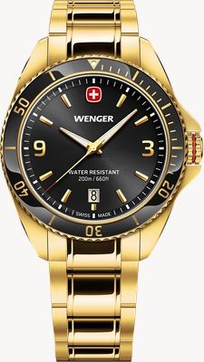Wenger 行政石英表（40毫米）黑色旭日纹表盘/金色PVD不锈钢表带 01.2031.107