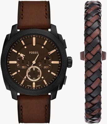 Fossil Conjunto de relógio e pulseira masculino (44 mm) mostrador preto / pulseira de couro marrom FS6102SET