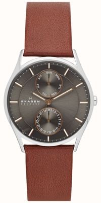 Skagen Męski zegarek holst z brązowym skórzanym paskiem SKW6086