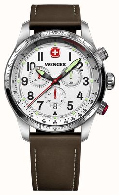 Wenger Cronógrafo de cuarzo Terragraph (43 mm) con esfera blanca texturizada y correa de piel marrón. 01.0543.109