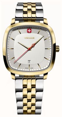 Wenger Orologio vintage classico al quarzo (37 mm) con quadrante argentato sabbiato e bracciale bicolore in acciaio inossidabile. 01.1921.104